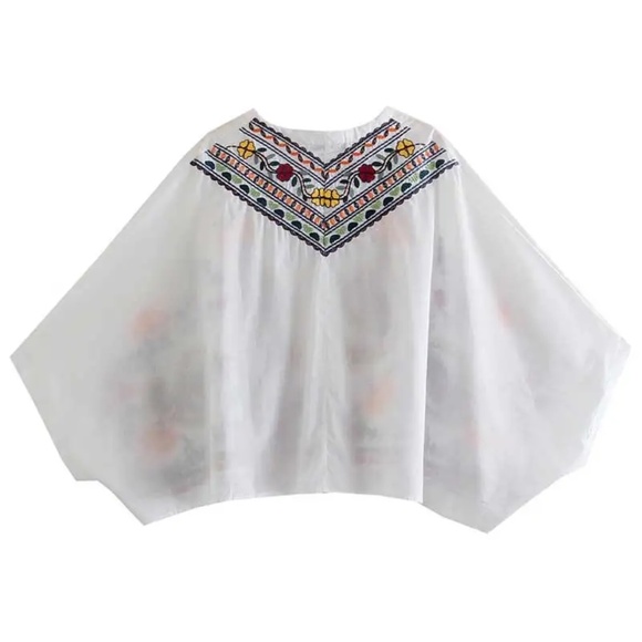 Boho Floral Embroidered Batwing Sleeve Blouse Ruffle Mini Skirt Set - Picture 14 of 14